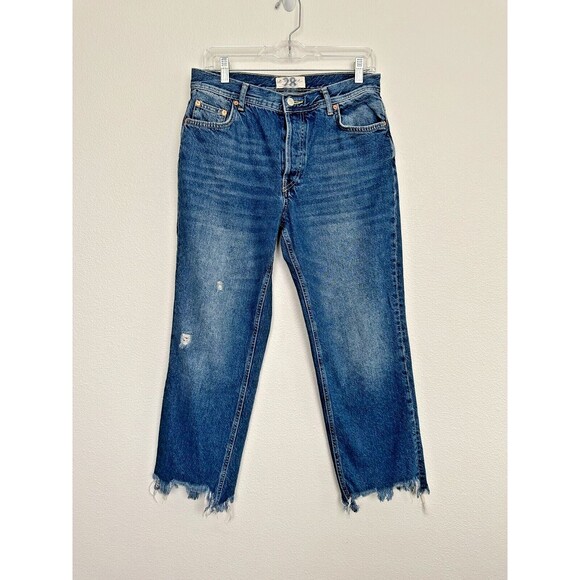 Free People Maggie Straight Leg Jeans Medium Wash Blue Button Fly Distress Sz 28 - Picture 2 of 8